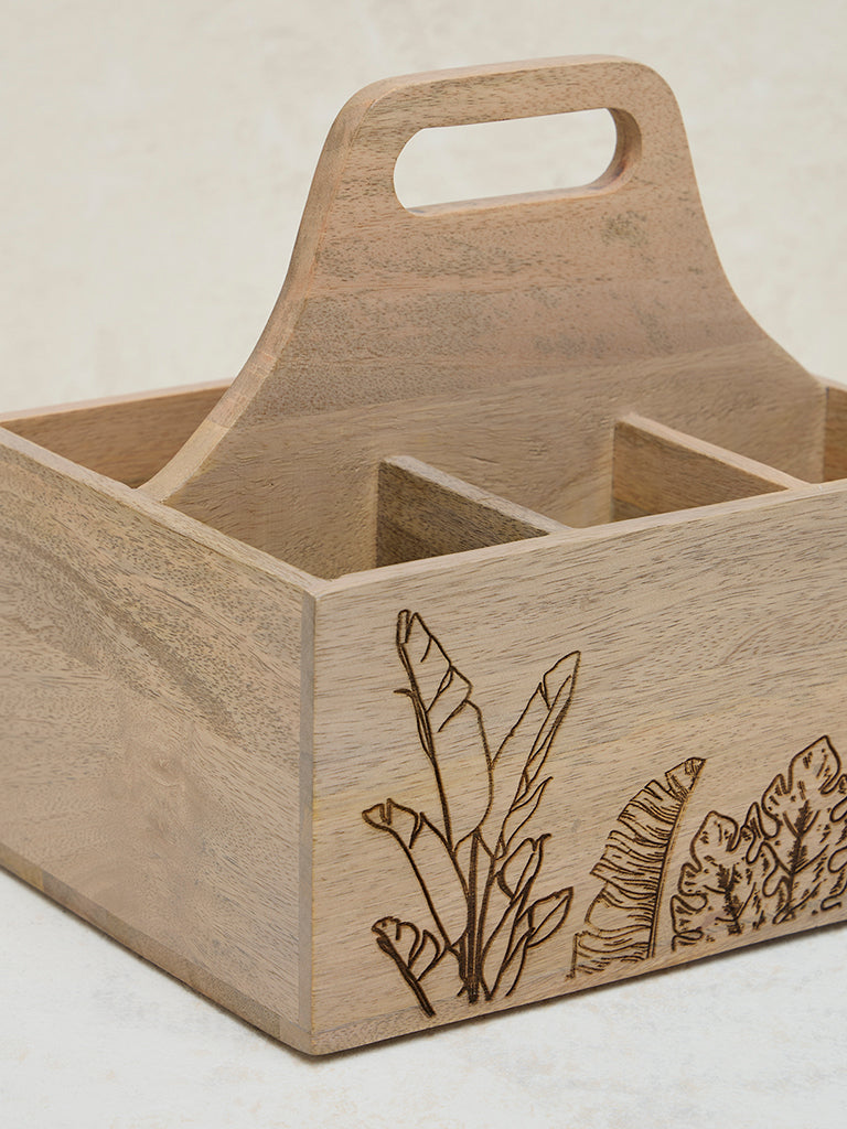 Westside Home Light Brown Leaf Etched Wooden Cutlery Caddy - Image 4