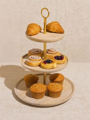 Westside Home Beige Three -Tiered Wooden Cake Stand