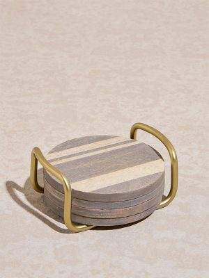 Westside Home Brown Striped Wooden Coasters with Stand ( Set of 4)
