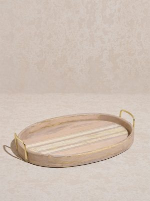 Westside Home Beige Stripe Printed Wooden Serving Tray