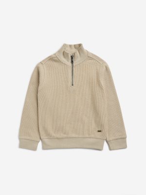 HOP Kids Beige Self-Textured Cotton Sweatshirt