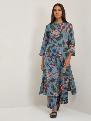 Utsa Blue Floral Design A-Line Kurta