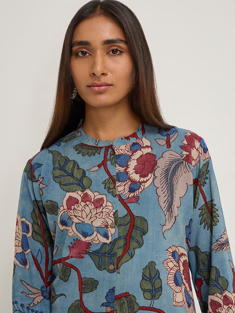 Utsa Blue Floral Design A-Line Kurta - Image 2