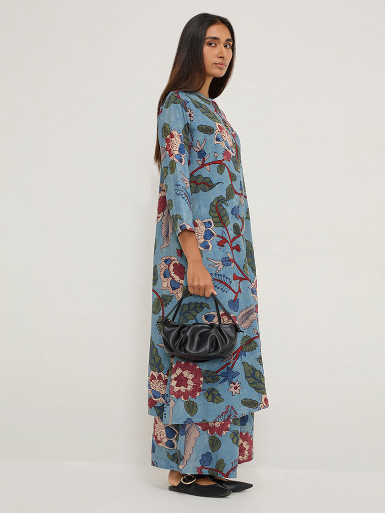 Utsa Blue Floral Design A-Line Kurta - Image 3