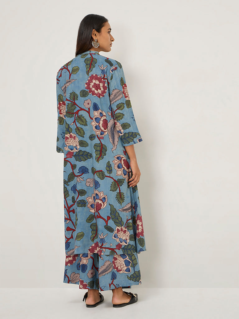 Utsa Blue Floral Design A-Line Kurta - Image 4