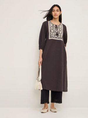 Utsa Dark Brown Embroidered Cotton-Blend A-Line Kurta