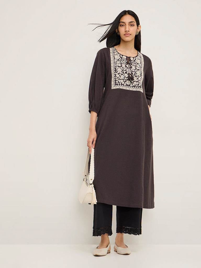 Utsa Dark Brown Embroidered Cotton-Blend A-Line Kurta