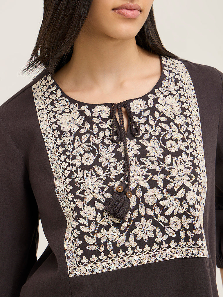 Utsa Dark Brown Embroidered Cotton-Blend A-Line Kurta - Image 3