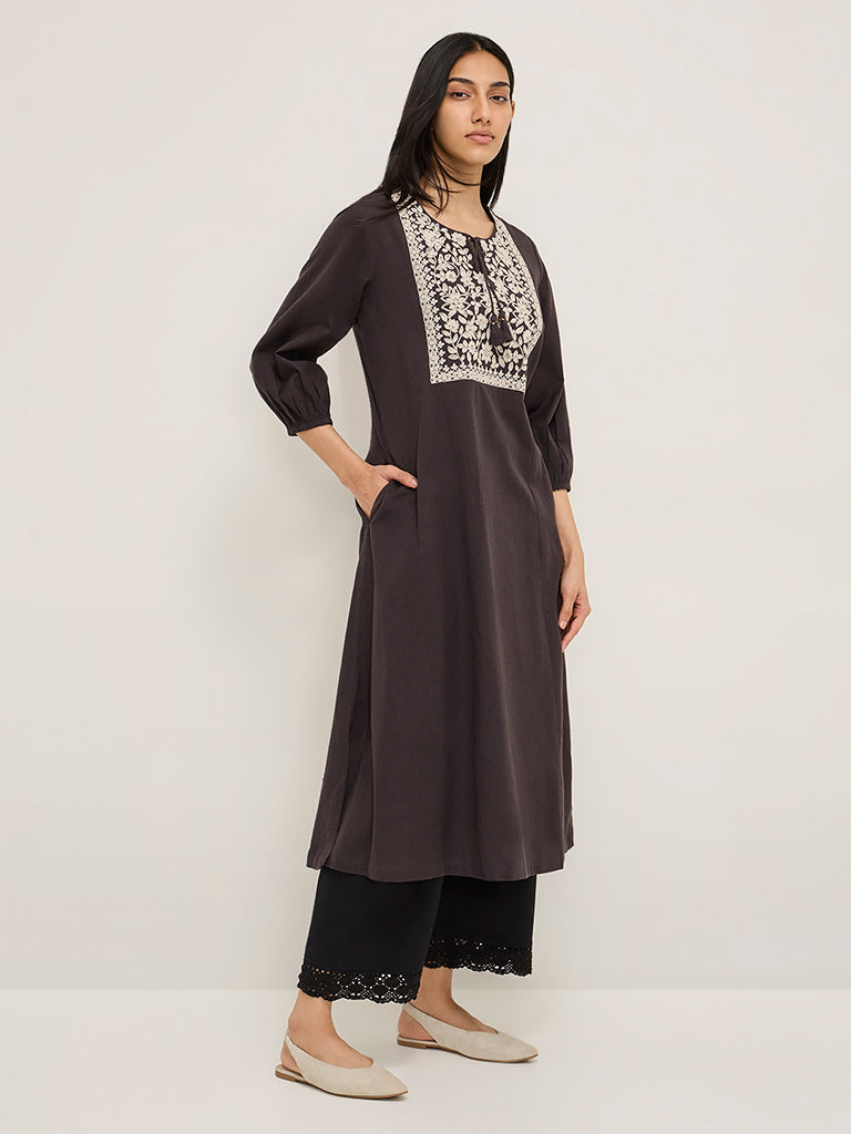 Utsa Dark Brown Embroidered Cotton-Blend A-Line Kurta - Image 4