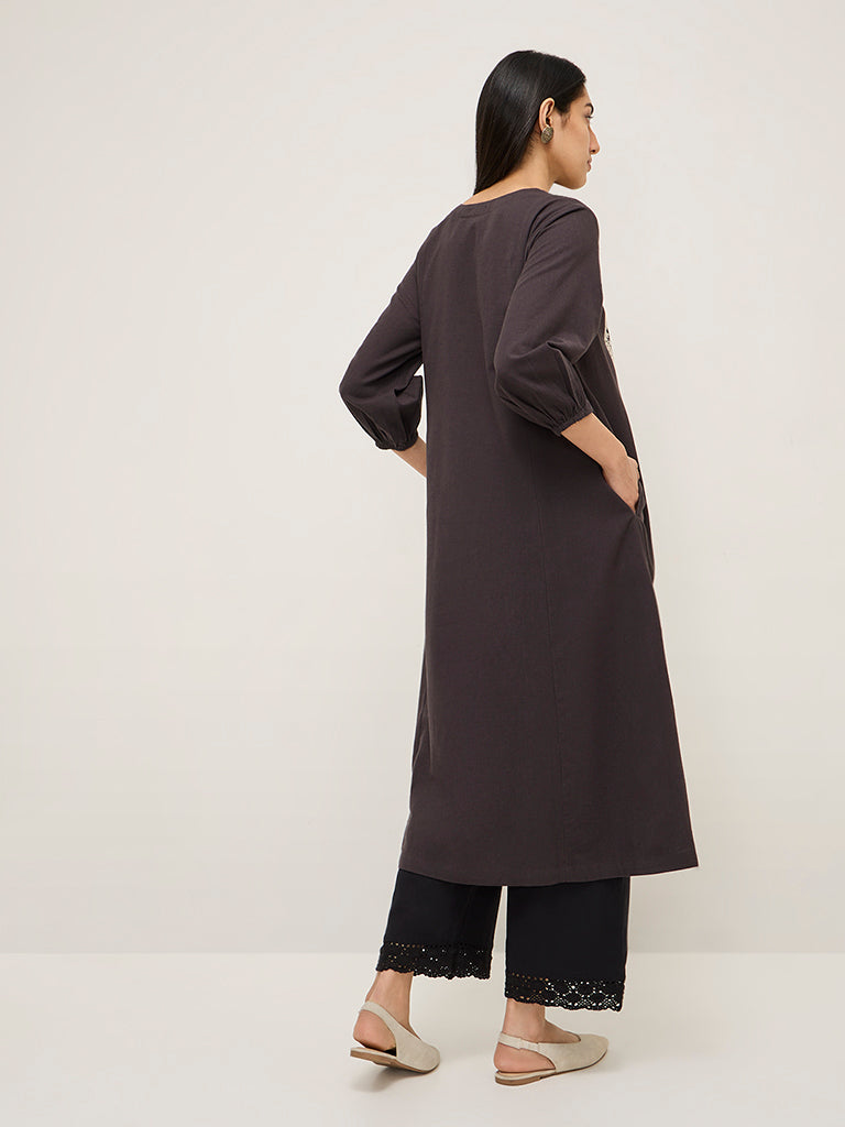 Utsa Dark Brown Embroidered Cotton-Blend A-Line Kurta - Image 5