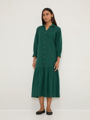 Utsa Dark Green Solid Cotton-Blend Drop-Waist Dress
