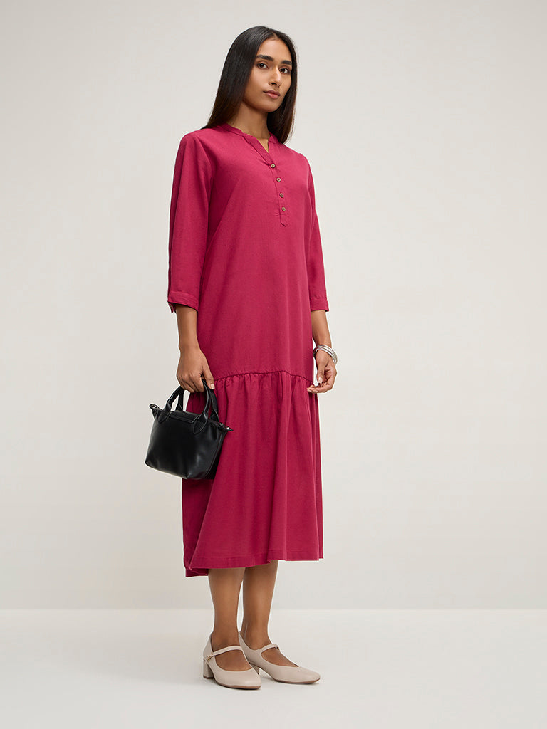 Utsa Magenta Solid Cotton-Blend Drop-Waist Dress