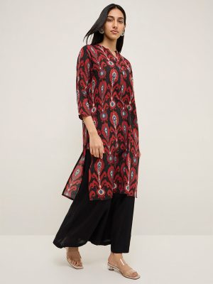 Utsa Black Ikat Design Cotton-Blend Straight Kurta