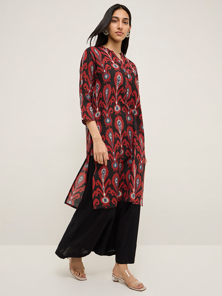 Utsa Black Ikat Design Cotton-Blend Straight Kurta