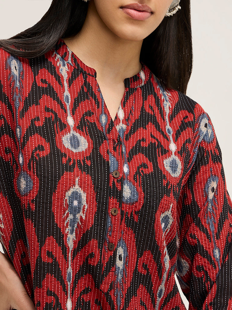 Utsa Black Ikat Design Cotton-Blend Straight Kurta - Image 2