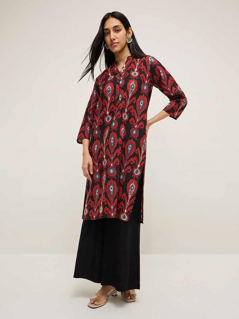 Utsa Black Ikat Design Cotton-Blend Straight Kurta - Image 3