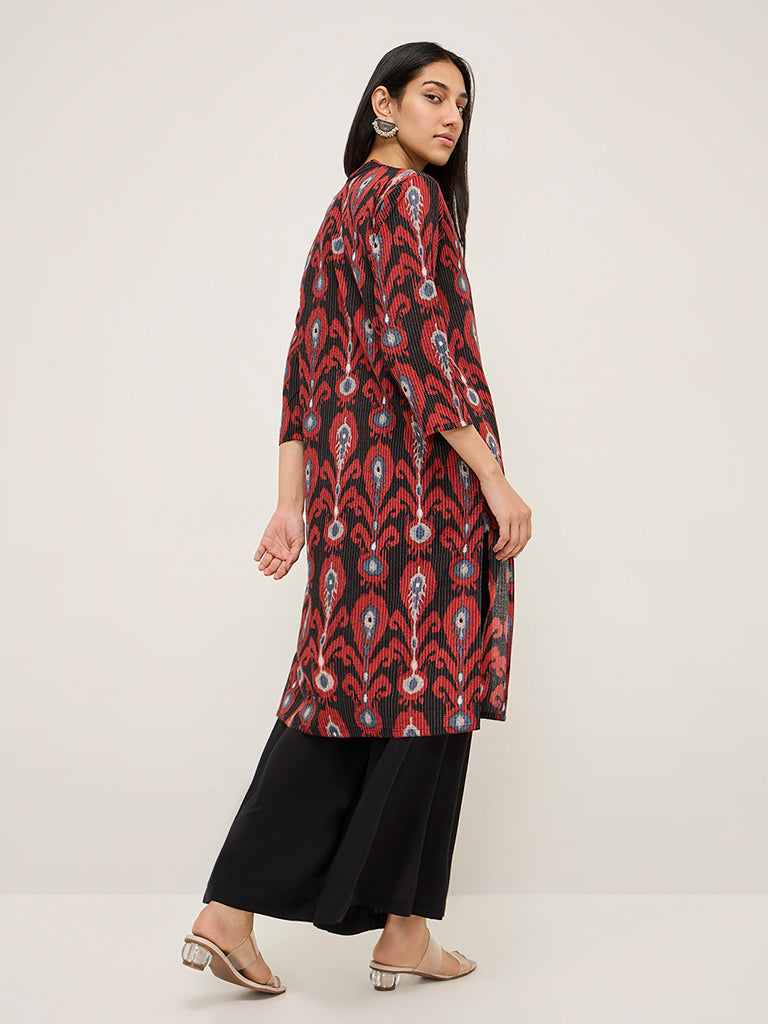 Utsa Black Ikat Design Cotton-Blend Straight Kurta - Image 4