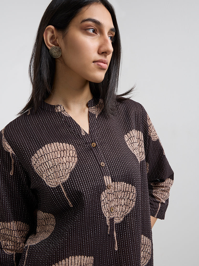 Utsa Black Floral Design Cotton-Blend Straight Kurta - Image 3