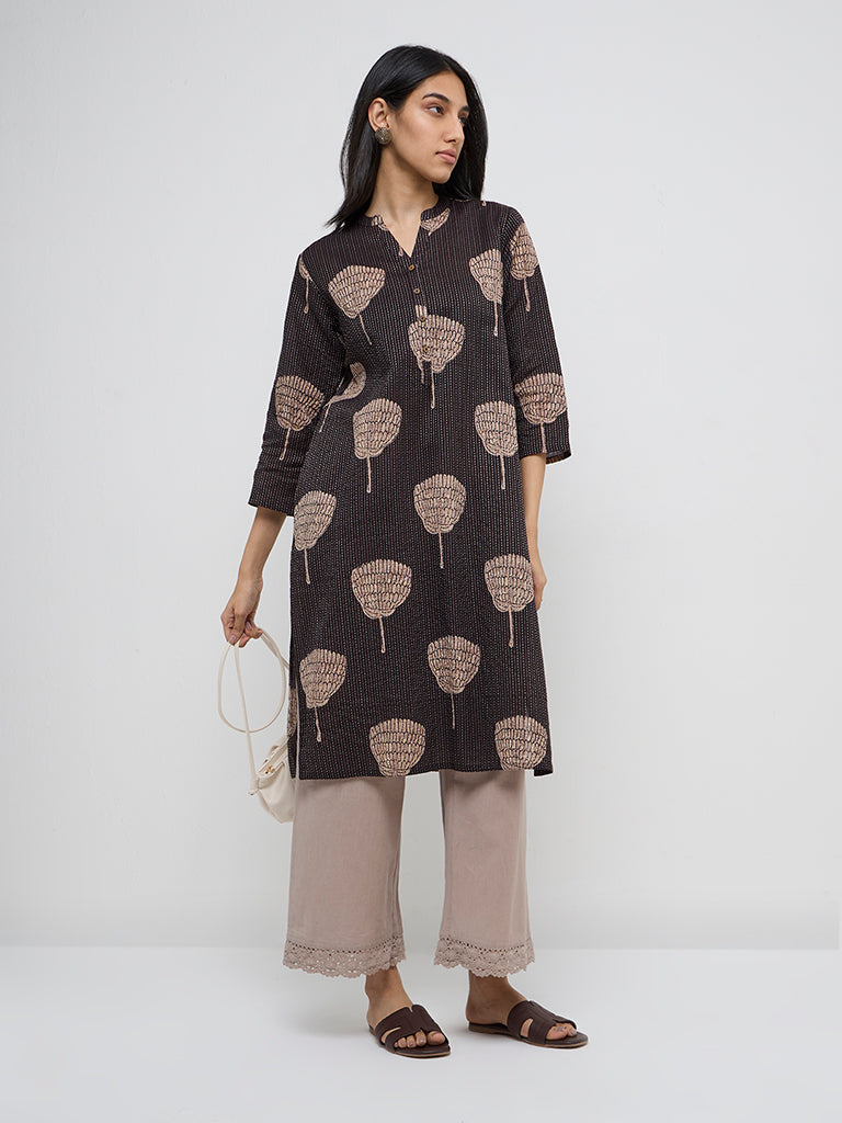 Utsa Black Floral Design Cotton-Blend Straight Kurta - Image 4