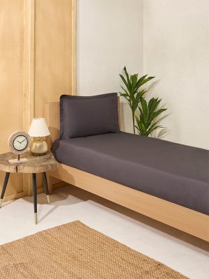 Westside Home Charcoal Solid Single Bed Fitted Sheet and Pillowcase Set