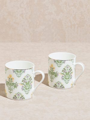 Westside Home Yellow and Green Botanical Printed Large Mugs (Set of 2)