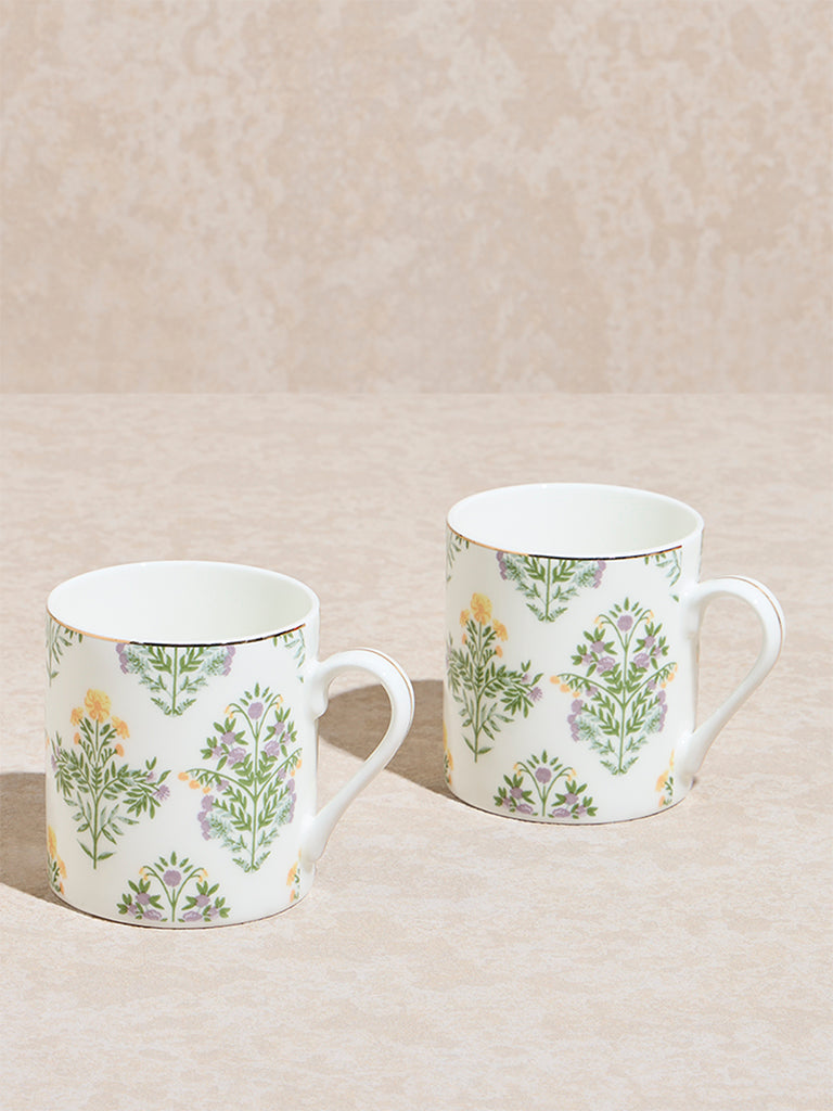 Westside Home Yellow and Green Botanical Printed Large Mugs (Set of 2)
