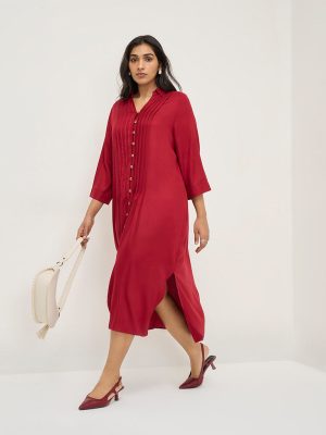 Gia Red Pintuck-Detailed Shirt Dress