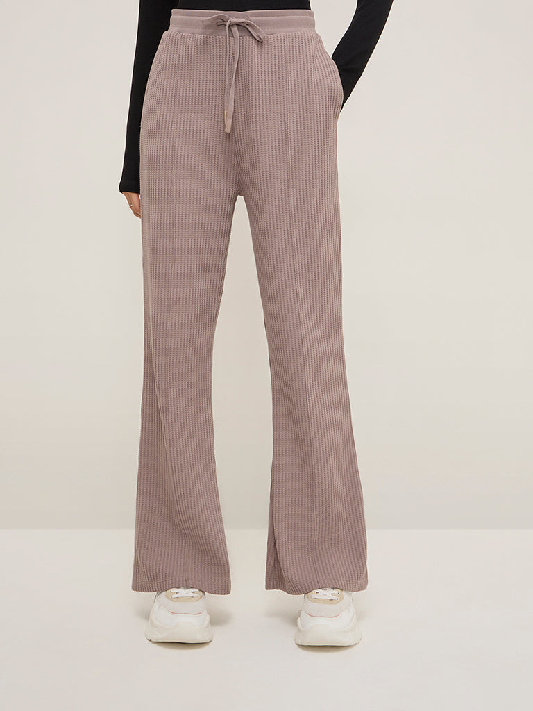 Studiofit Mauve Waffle-Textured High-Rise Cotton-Blend Track Pants - Image 3