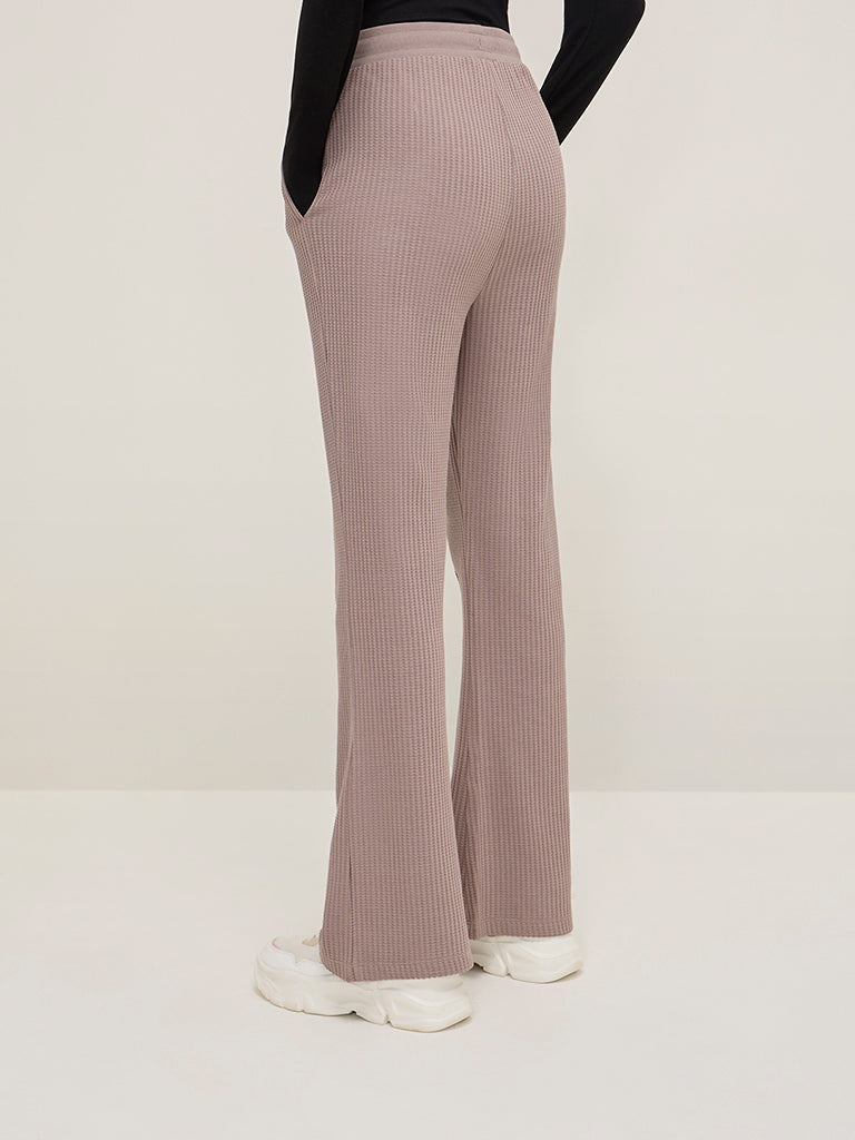 Studiofit Mauve Waffle-Textured High-Rise Cotton-Blend Track Pants - Image 4