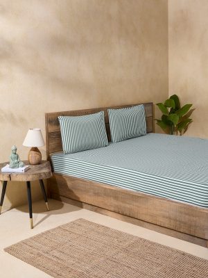 Westside Home Dark Green Striped Queen Bed Fitted Sheet and Pillowcase Set