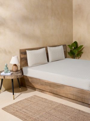 Westside Home Beige Stripe Printed Queen Bed Flat Sheet and Pillowcase Set