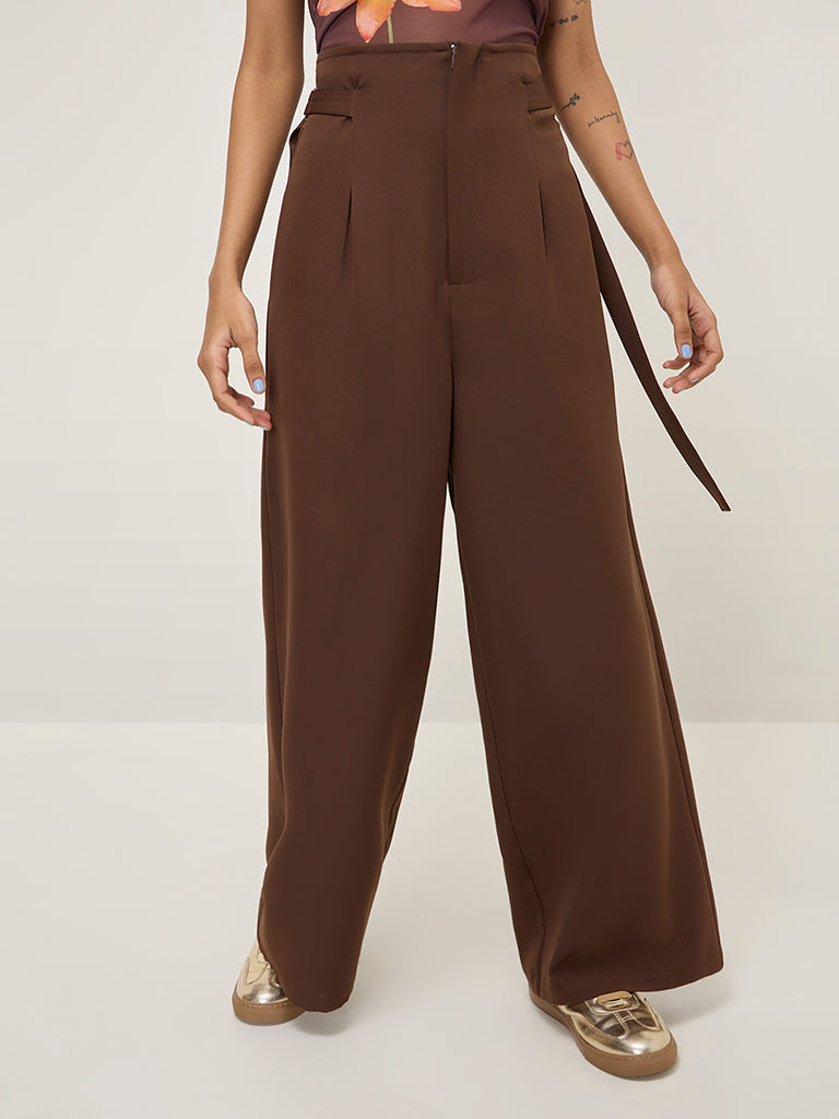 Nuon Brown Solid Wide-Leg High-Rise Trousers - Image 4