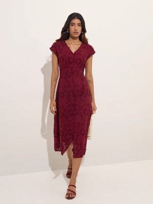 LOV Burgundy Floral-Detailed Cotton A-Line Dress