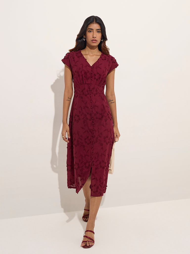 LOV Burgundy Floral-Detailed Cotton A-Line Dress