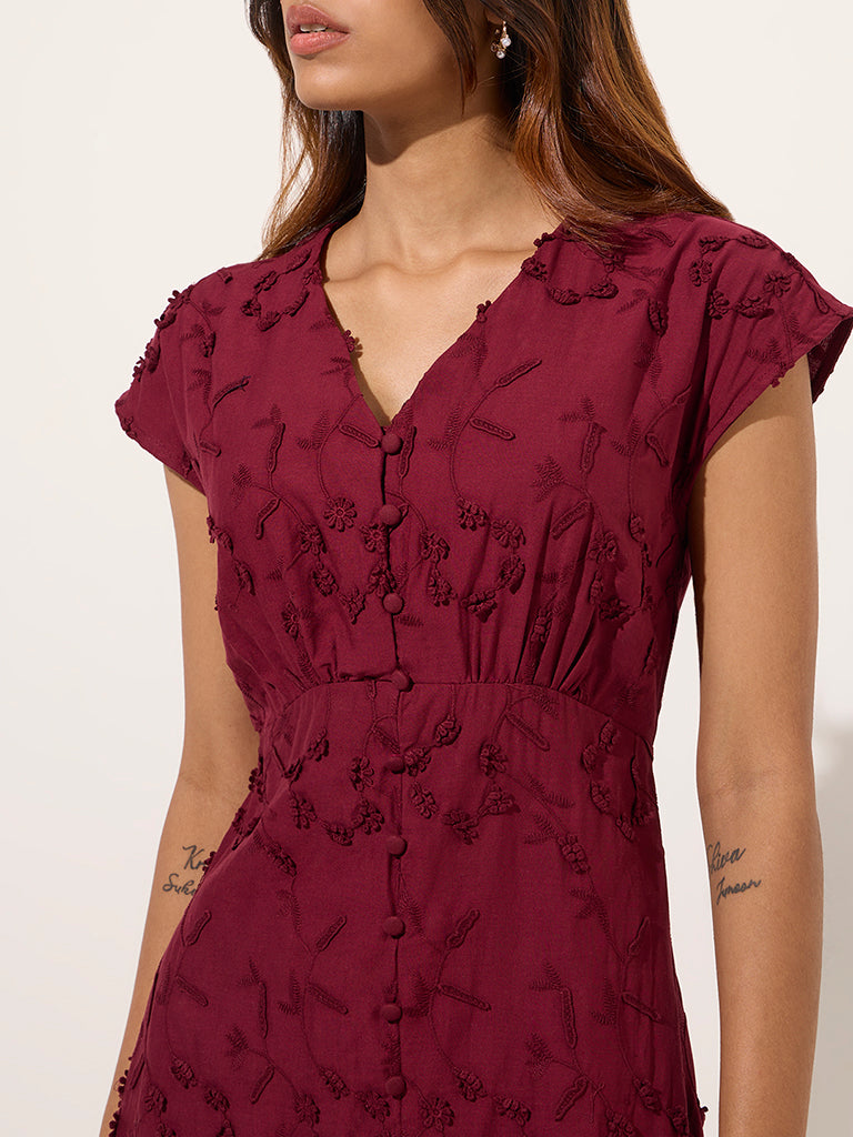 LOV Burgundy Floral-Detailed Cotton A-Line Dress - Image 2