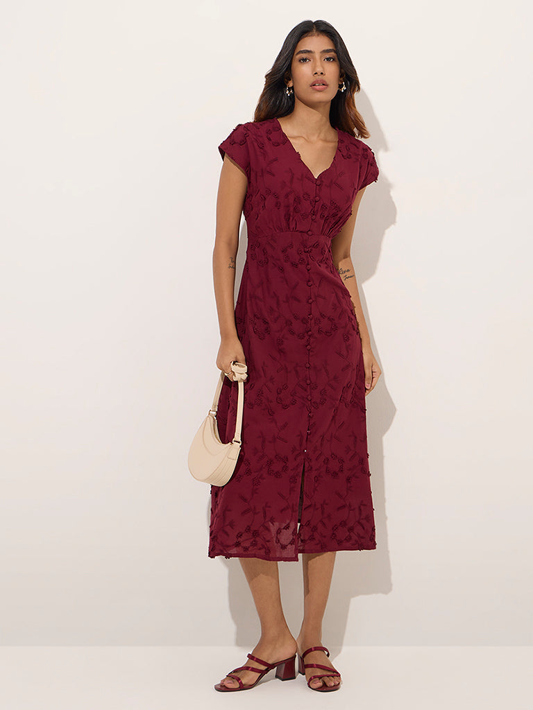 LOV Burgundy Floral-Detailed Cotton A-Line Dress - Image 3