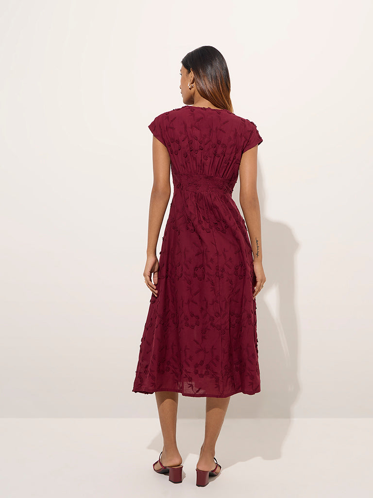 LOV Burgundy Floral-Detailed Cotton A-Line Dress - Image 4