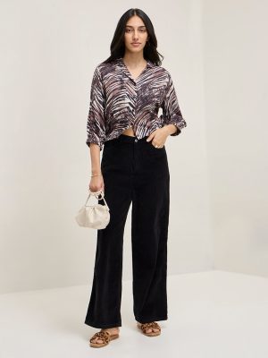 LOV Black Corduroy High-Rise Cotton-Blend Trousers