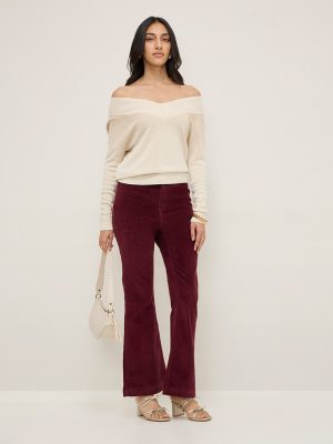 LOV Burgundy Ribbed Corduroy High-Rise Cotton-Blend Pants