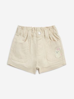 HOP Baby Beige Embroidered Mid-Rise Cotton-Blend Shorts