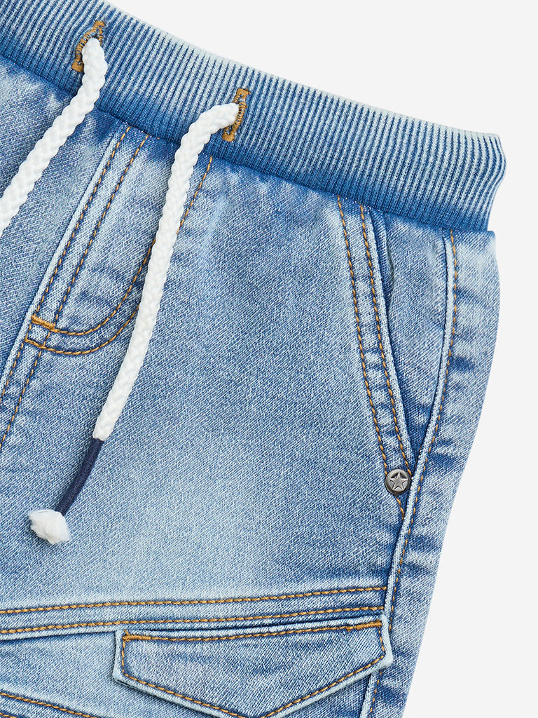 HOP Baby Blue Faded Mid-Rise Denim Shorts - Image 3