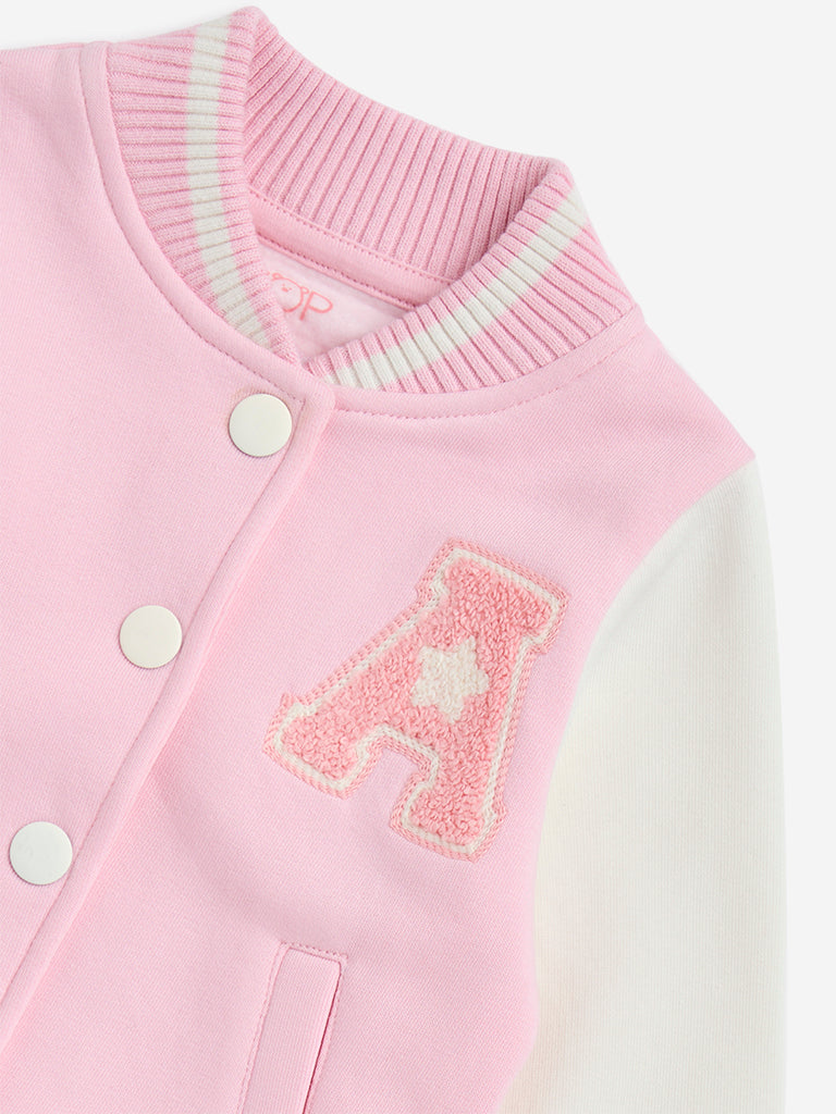 HOP Baby Pink Applique-Detailed Cotton-Blend Varsity Jacket - Image 3