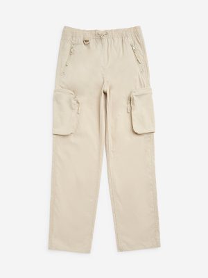 Y&F Kids Beige Cargo-Style Mid-Rise Cotton-Blend Trousers