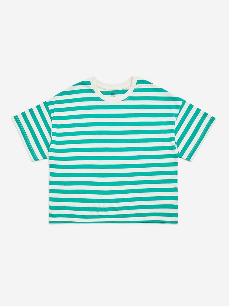 Y&F Kids Green Striped Cotton T-Shirt
