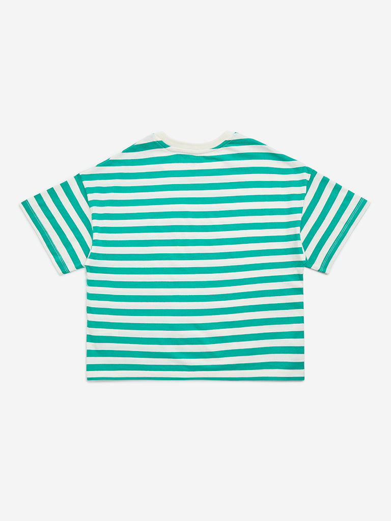 Y&F Kids Green Striped Cotton T-Shirt - Image 2