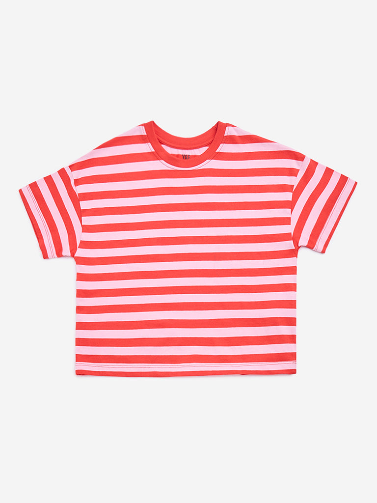 Y&F Kids Red Stripe Printed Cotton T-Shirt