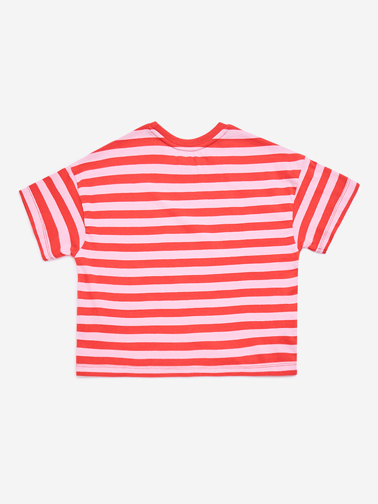 Y&F Kids Red Stripe Printed Cotton T-Shirt - Image 2