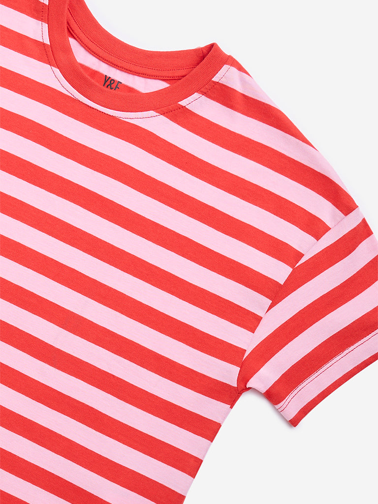 Y&F Kids Red Stripe Printed Cotton T-Shirt - Image 3