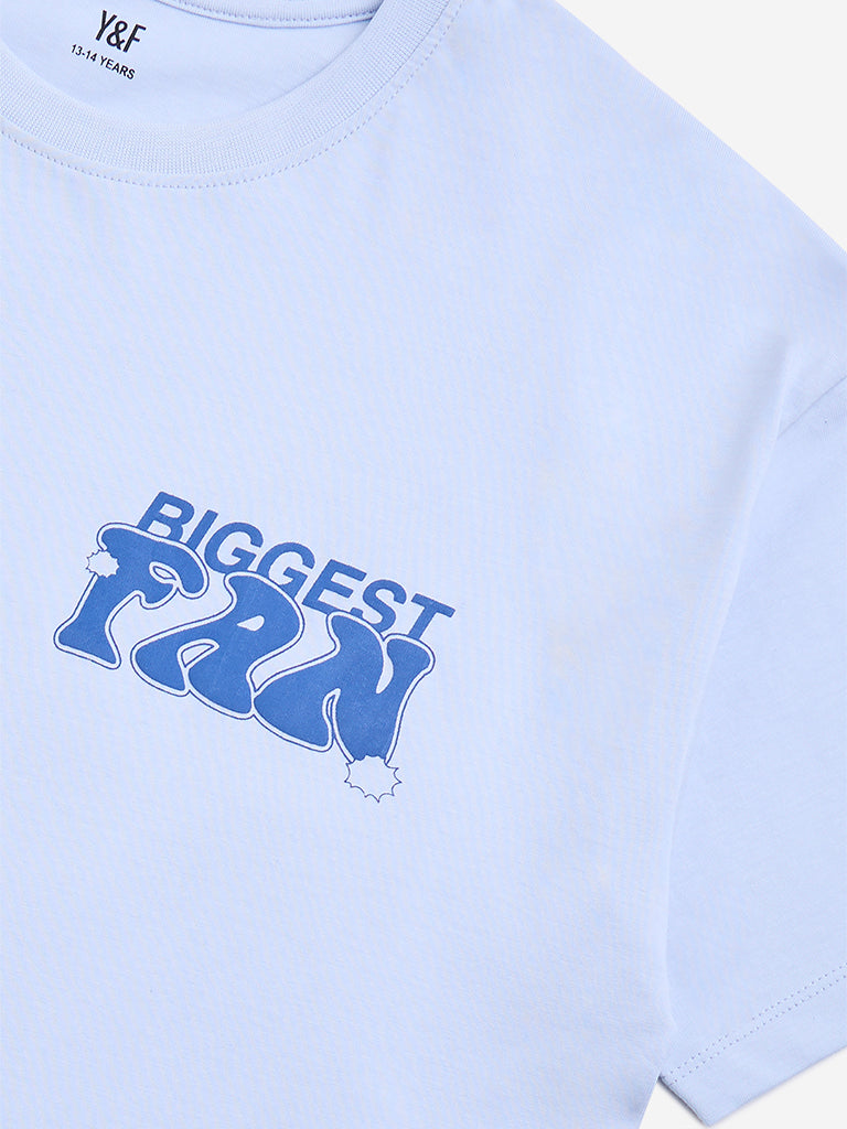 Y&F Kids Blue Text Design Cotton T-Shirt - Image 3