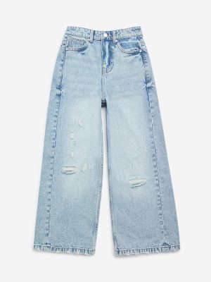 Y&F Kids Light Blue Distressed Wide-Leg High-Rise Jeans